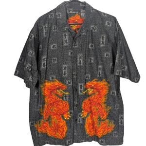 No Boundaries Shirt Mens XL Gray Dragon Flame Button Up Short Sleeve Punk Skater